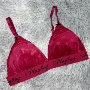 Playboy Velvet Triangle Bralette Red Velour Embossed Bunny Logo Band M VTG Y2K
